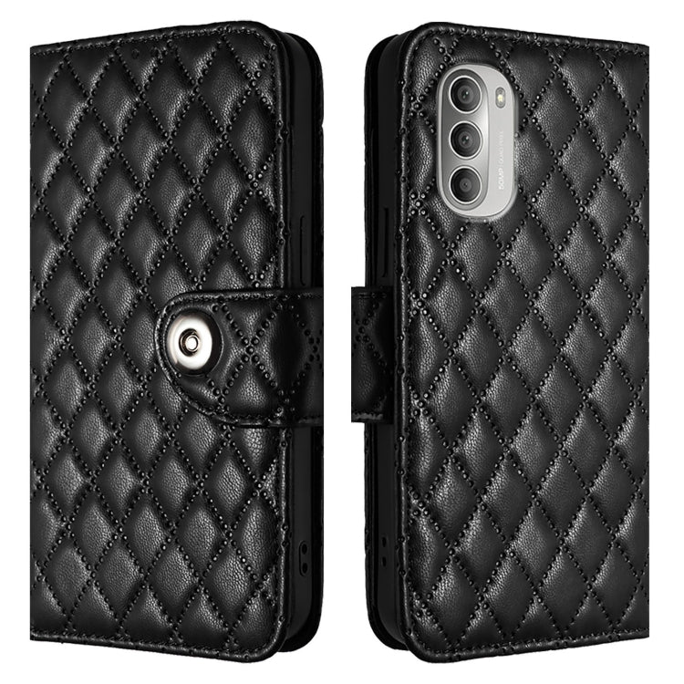 For Motorola Moto G51 5G Rhombic Texture Flip Leather Phone Case with Lanyard