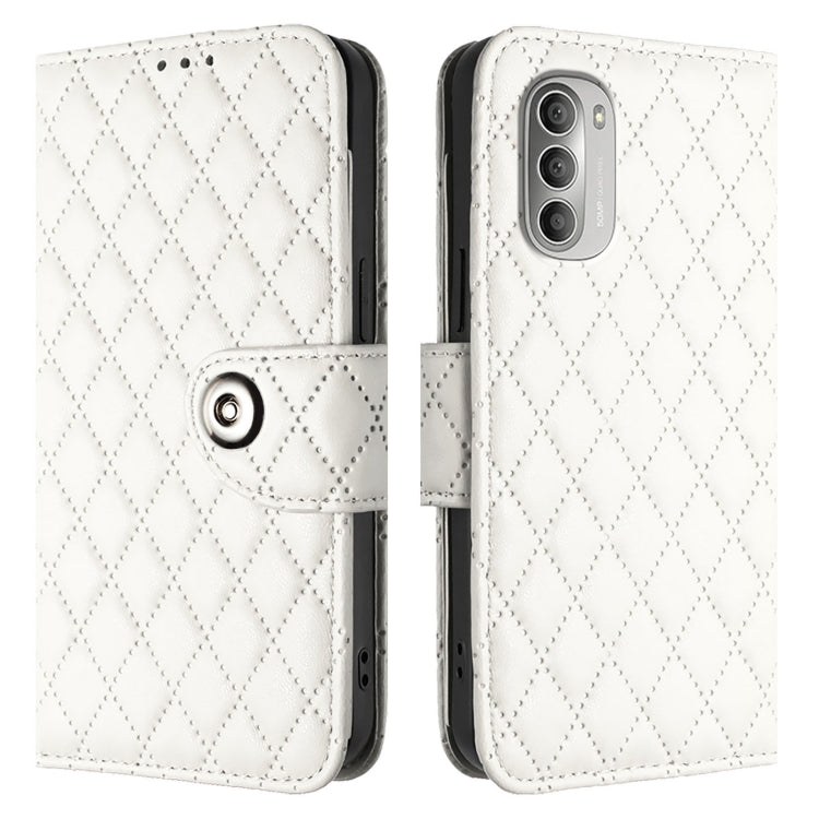 For Motorola Moto G51 5G Rhombic Texture Flip Leather Phone Case with Lanyard