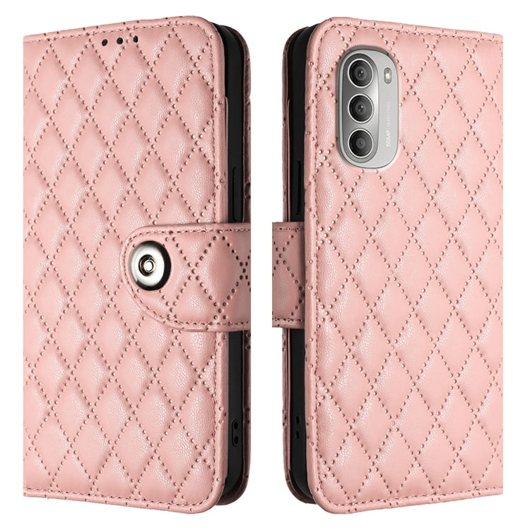 For Motorola Moto G51 5G Rhombic Texture Flip Leather Phone Case with Lanyard