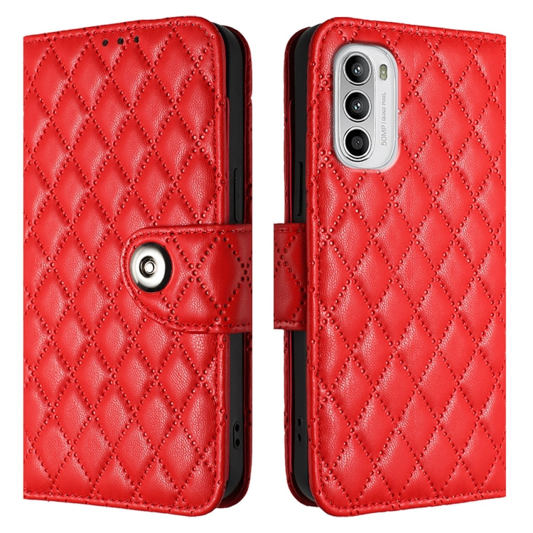 For Motorola Moto G52 / G82 / G71s Rhombic Texture Flip Leather Phone Case with Lanyard