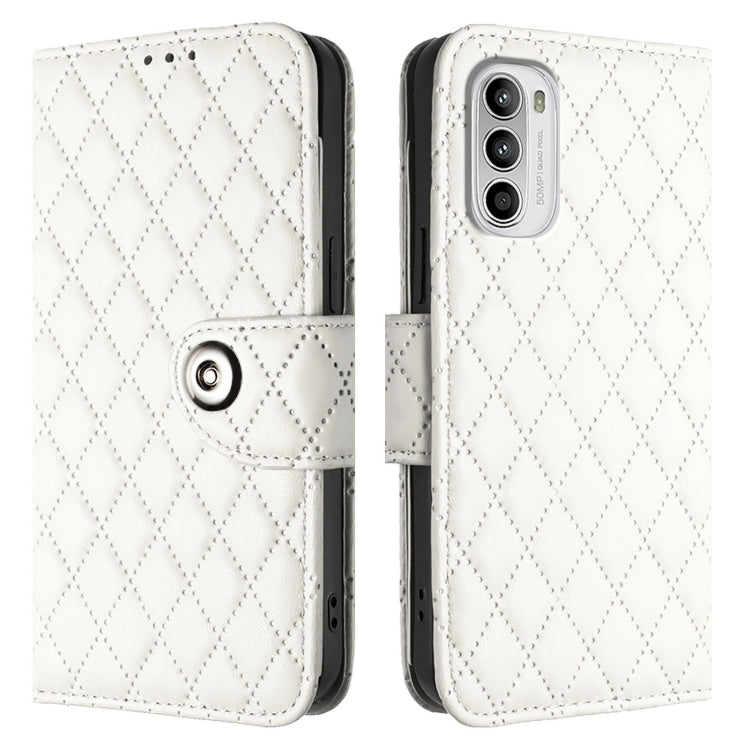 For Motorola Moto G52 / G82 / G71s Rhombic Texture Flip Leather Phone Case with Lanyard