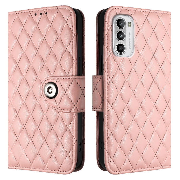 For Motorola Moto G52 / G82 / G71s Rhombic Texture Flip Leather Phone Case with Lanyard
