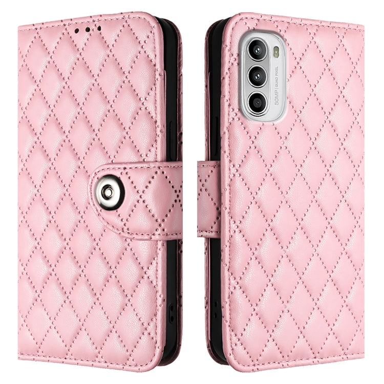 For Motorola Moto G52 / G82 / G71s Rhombic Texture Flip Leather Phone Case with Lanyard