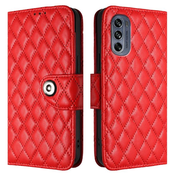 For Motorola Moto G62 5G Global / India Rhombic Texture Flip Leather Phone Case with Lanyard