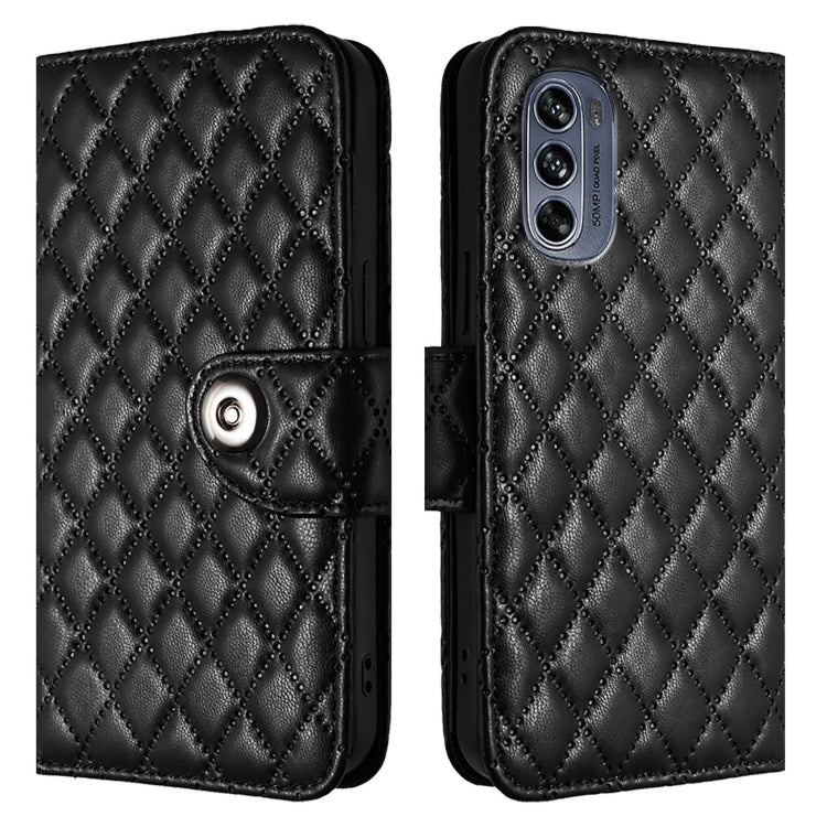 For Motorola Moto G62 5G Global / India Rhombic Texture Flip Leather Phone Case with Lanyard