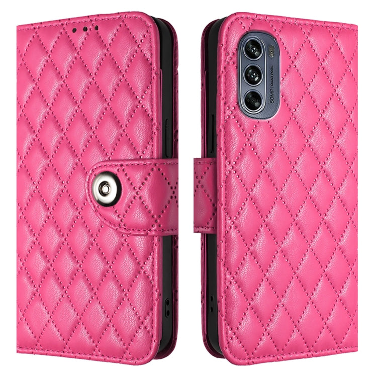 For Motorola Moto G62 5G Global / India Rhombic Texture Flip Leather Phone Case with Lanyard