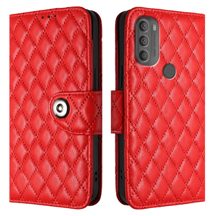 For Motorola Moto G71 Rhombic Texture Flip Leather Phone Case with Lanyard