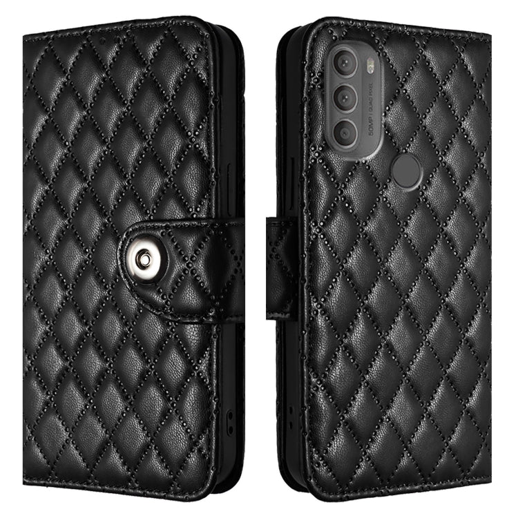 For Motorola Moto G71 Rhombic Texture Flip Leather Phone Case with Lanyard