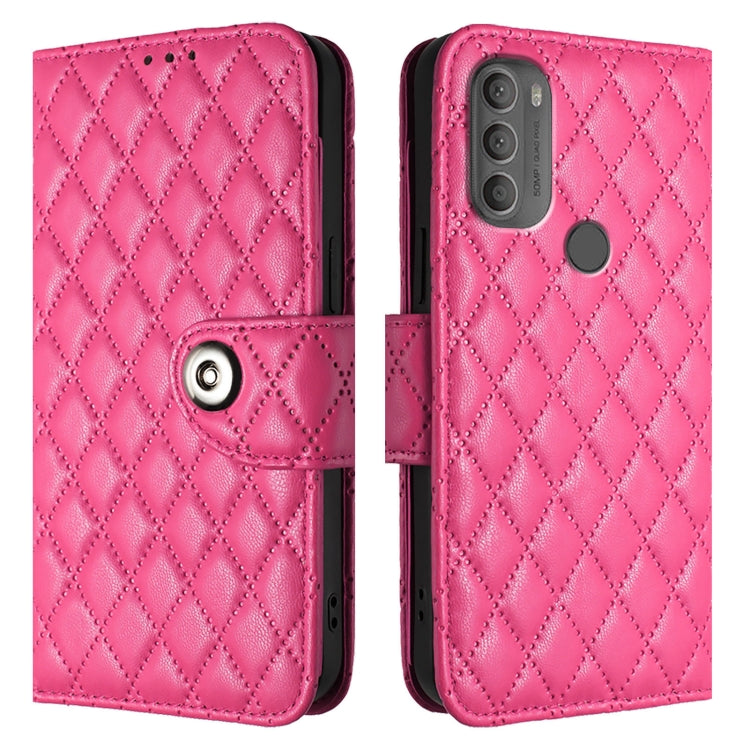 For Motorola Moto G71 Rhombic Texture Flip Leather Phone Case with Lanyard