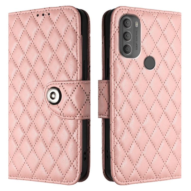 For Motorola Moto G71 Rhombic Texture Flip Leather Phone Case with Lanyard