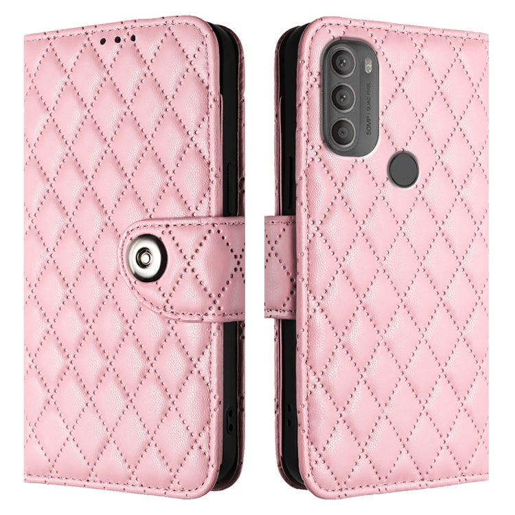 For Motorola Moto G71 Rhombic Texture Flip Leather Phone Case with Lanyard