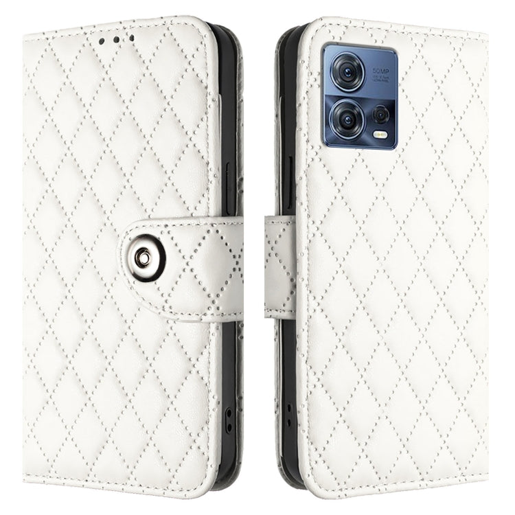 For Motorola Moto G72 Rhombic Texture Flip Leather Phone Case with Lanyard