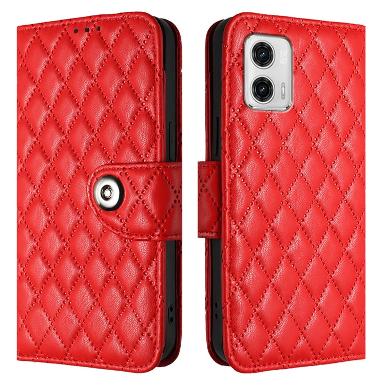 For Motorola Moto G73 Rhombic Texture Flip Leather Phone Case with Lanyard
