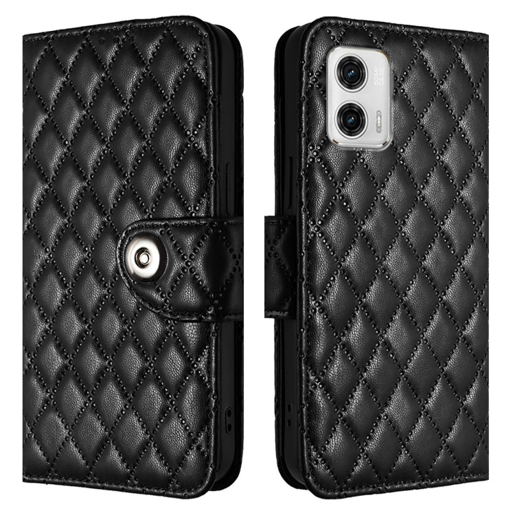 For Motorola Moto G73 Rhombic Texture Flip Leather Phone Case with Lanyard