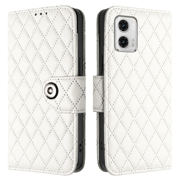 For Motorola Moto G73 Rhombic Texture Flip Leather Phone Case with Lanyard