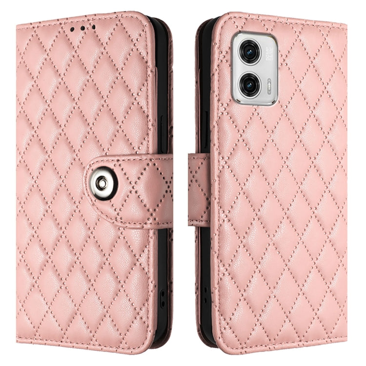 For Motorola Moto G73 Rhombic Texture Flip Leather Phone Case with Lanyard