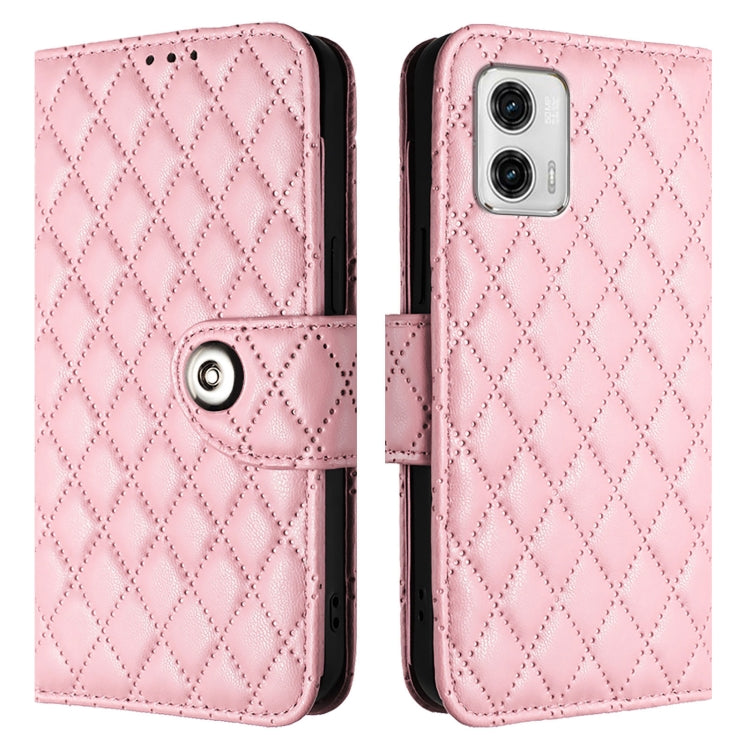 For Motorola Moto G73 Rhombic Texture Flip Leather Phone Case with Lanyard