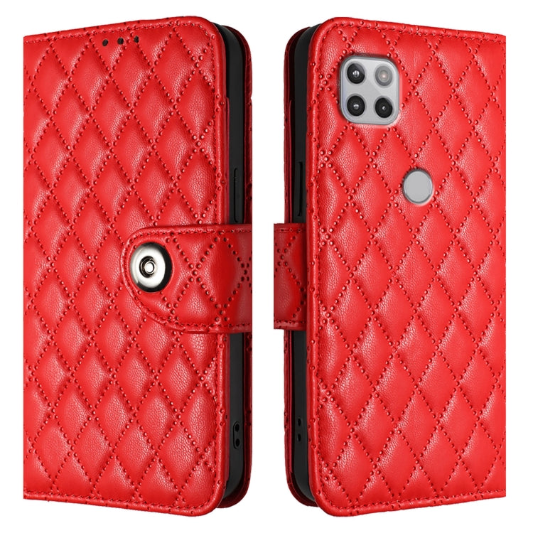 For Motorola One 5G Ace Rhombic Texture Flip Leather Phone Case with Lanyard