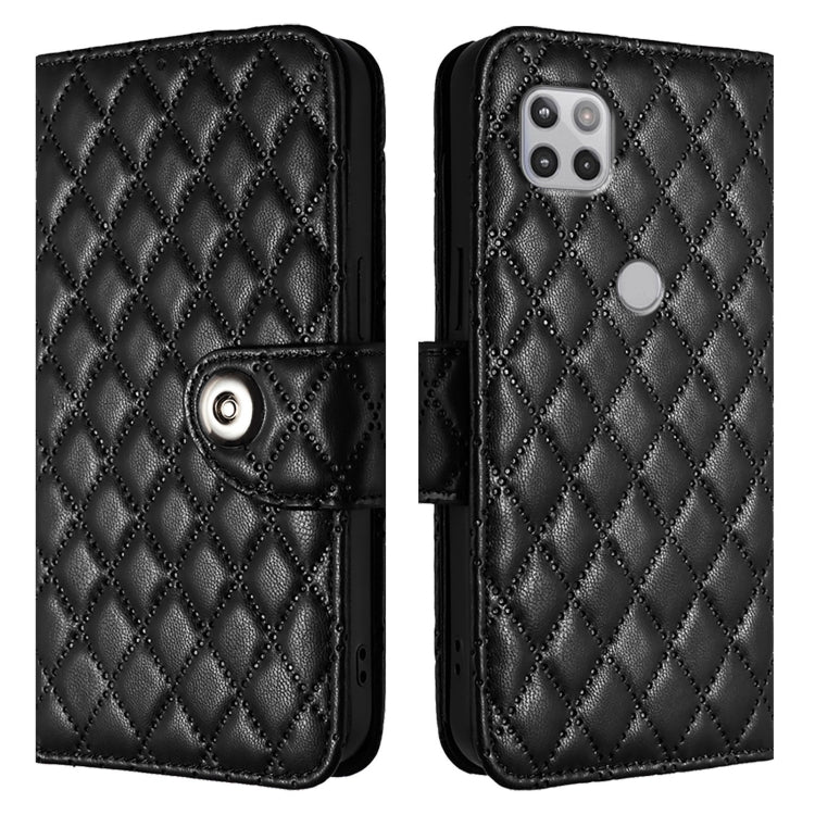 For Motorola One 5G Ace Rhombic Texture Flip Leather Phone Case with Lanyard