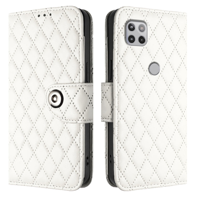 For Motorola One 5G Ace Rhombic Texture Flip Leather Phone Case with Lanyard