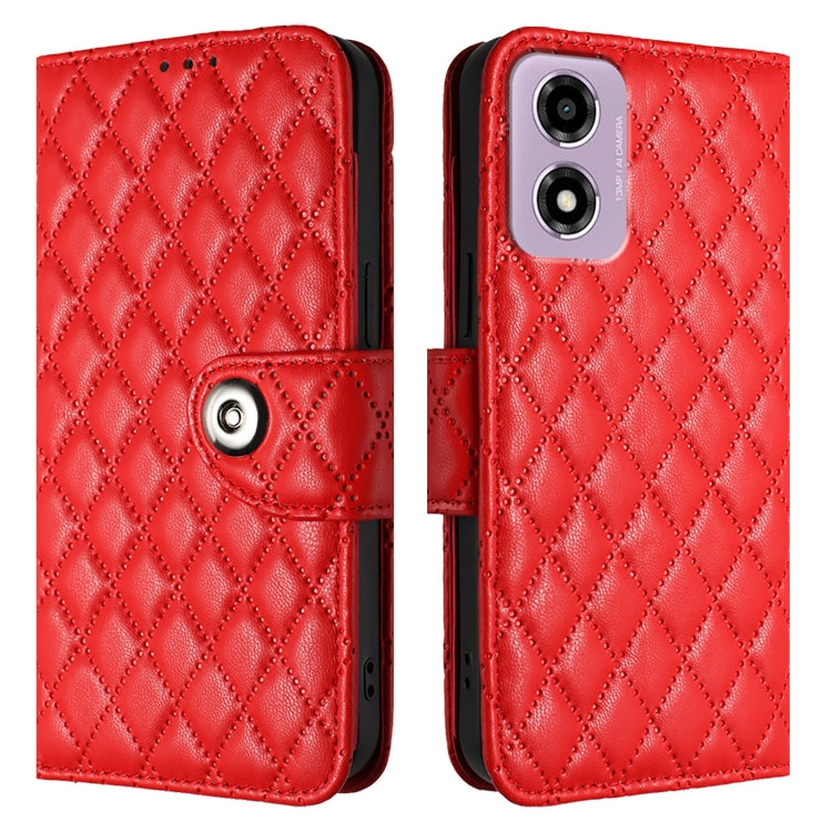 For Motorola Moto E14 Rhombic Texture Flip Leather Phone Case with Lanyard