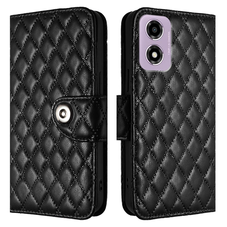 For Motorola Moto E14 Rhombic Texture Flip Leather Phone Case with Lanyard