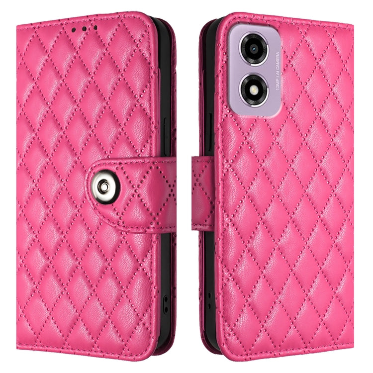 For Motorola Moto E14 Rhombic Texture Flip Leather Phone Case with Lanyard