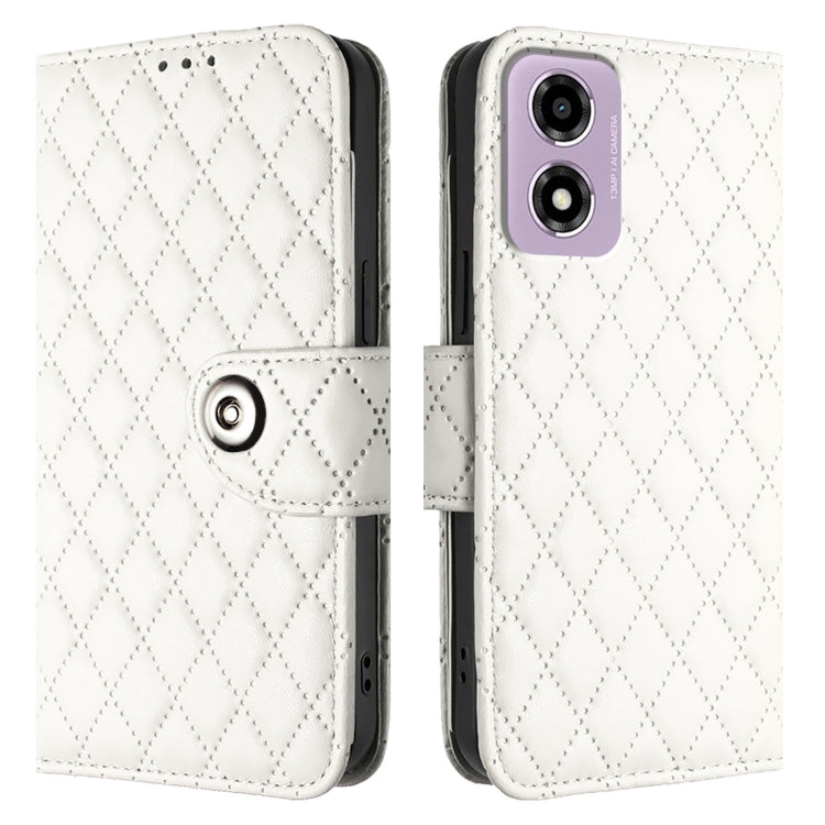 For Motorola Moto E14 Rhombic Texture Flip Leather Phone Case with Lanyard