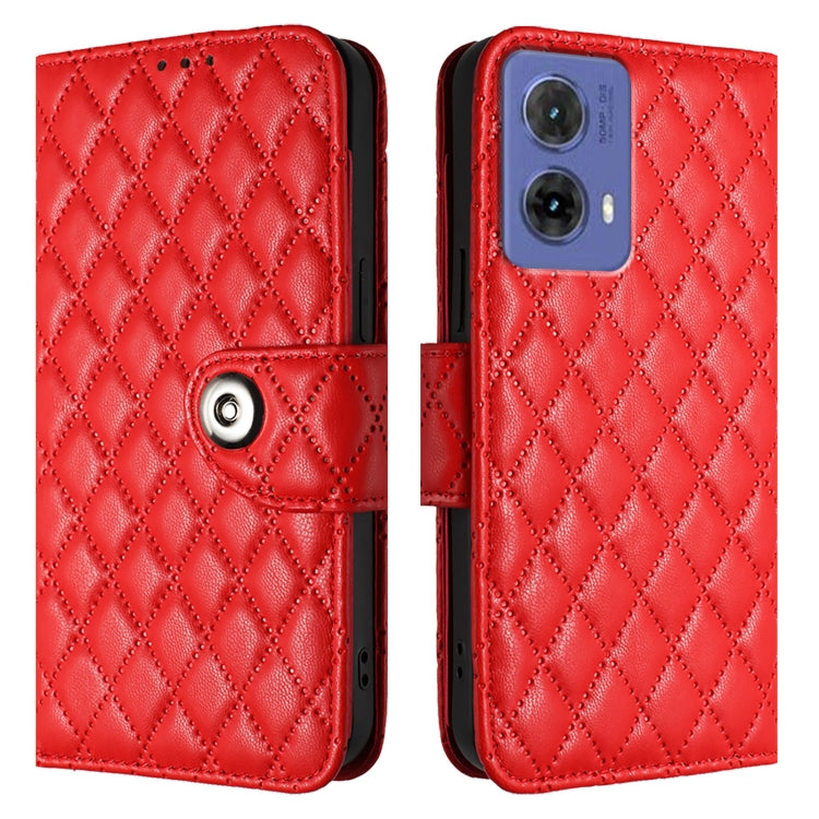 For Motorola Moto G85 Rhombic Texture Flip Leather Phone Case with Lanyard