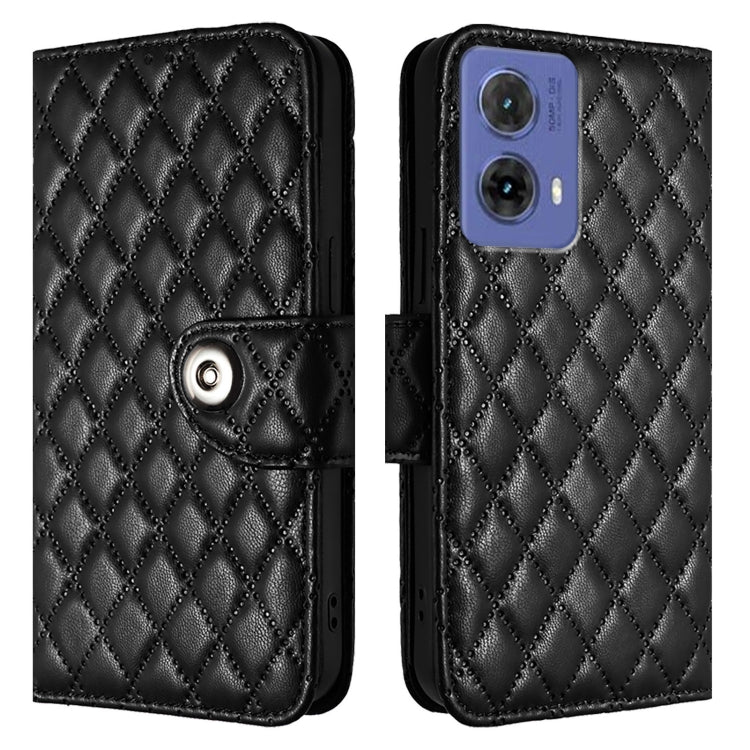 For Motorola Moto G85 Rhombic Texture Flip Leather Phone Case with Lanyard