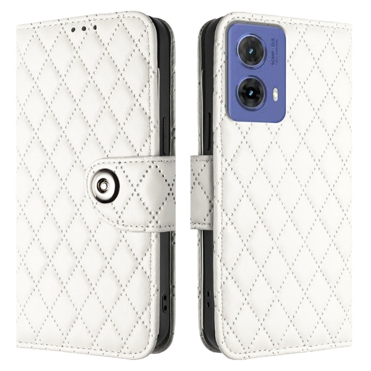 For Motorola Moto G85 Rhombic Texture Flip Leather Phone Case with Lanyard