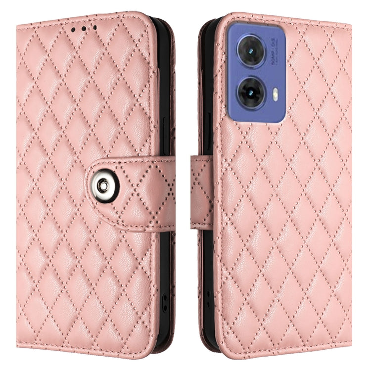 For Motorola Moto G85 Rhombic Texture Flip Leather Phone Case with Lanyard