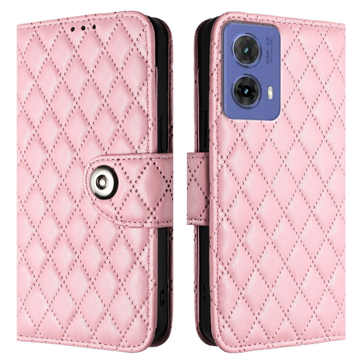 For Motorola Moto G85 Rhombic Texture Flip Leather Phone Case with Lanyard