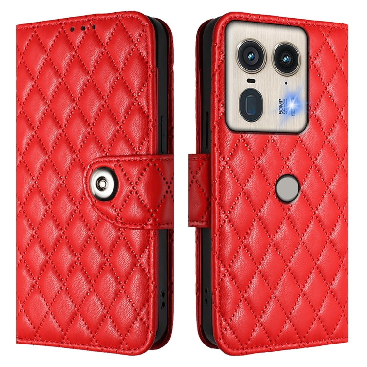 For Motorola Edge 50 5G Global Rhombic Texture Flip Leather Phone Case with Lanyard