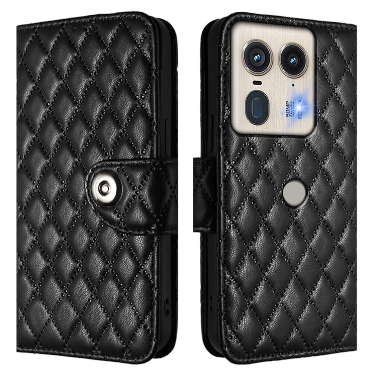 For Motorola Edge 50 5G Global Rhombic Texture Flip Leather Phone Case with Lanyard
