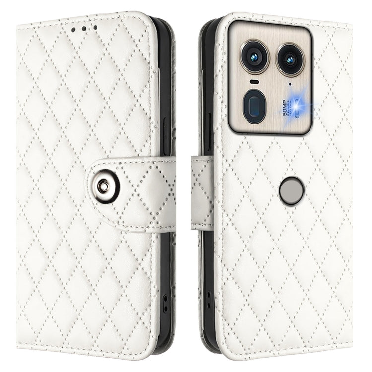 For Motorola Edge 50 5G Global Rhombic Texture Flip Leather Phone Case with Lanyard