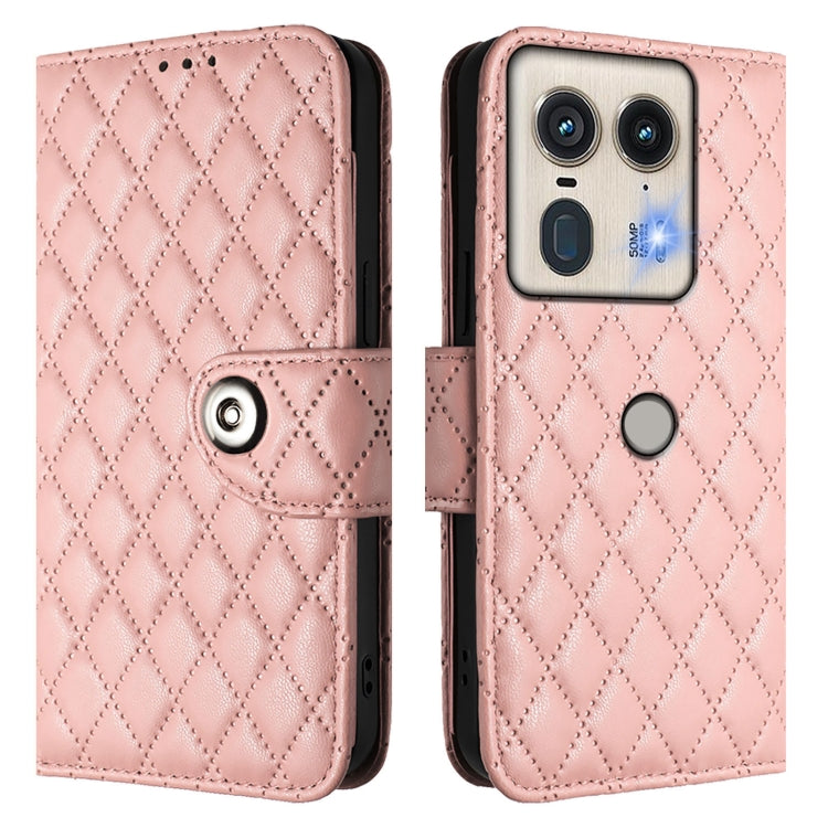 For Motorola Edge 50 5G Global Rhombic Texture Flip Leather Phone Case with Lanyard
