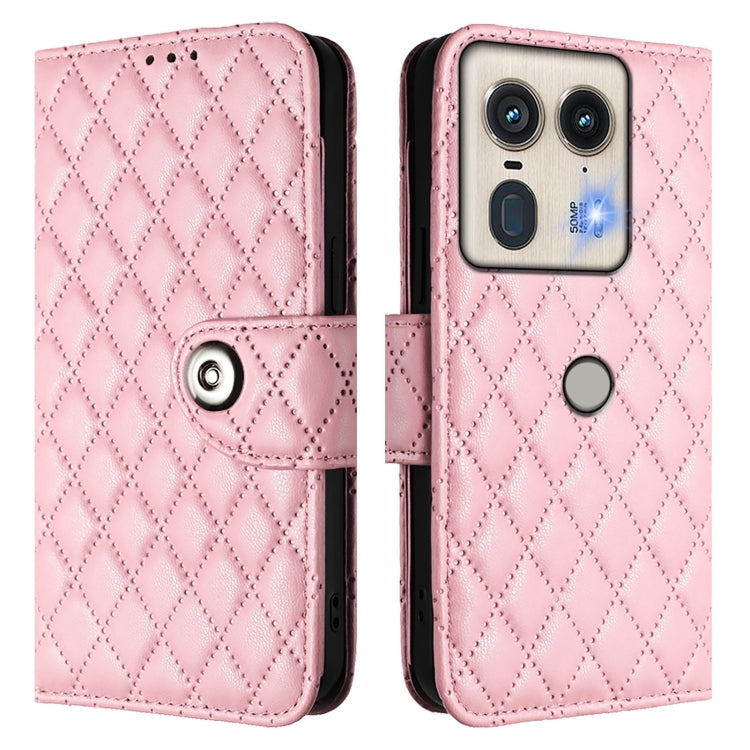 For Motorola Edge 50 5G Global Rhombic Texture Flip Leather Phone Case with Lanyard
