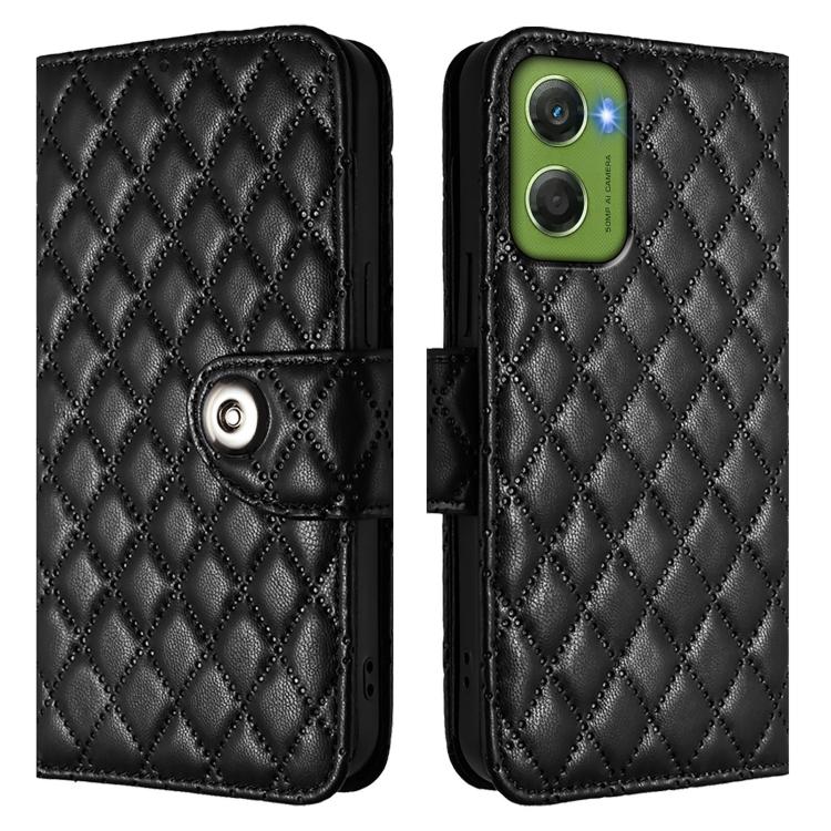For Motorola Moto G06 4G Rhombic Texture Flip Leather Phone Case with Lanyard