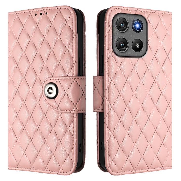 For Motorola Moto G67 Power 5G Global Rhombic Texture Flip Leather Phone Case with Lanyard