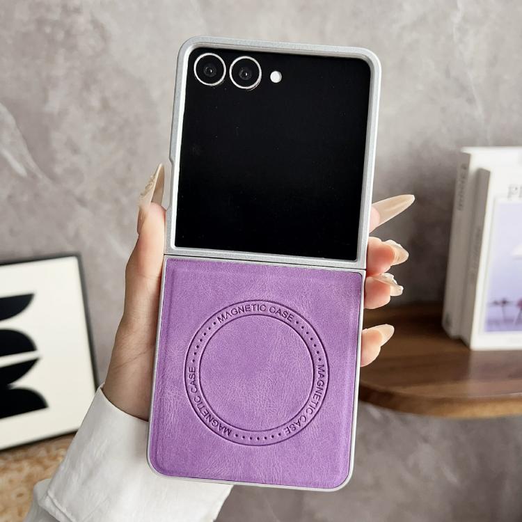 For Samsung Galaxy Z Flip7 5G Skin Feel Leather Texture MagSafe Pearlescent Paint Shockproof Phone Case