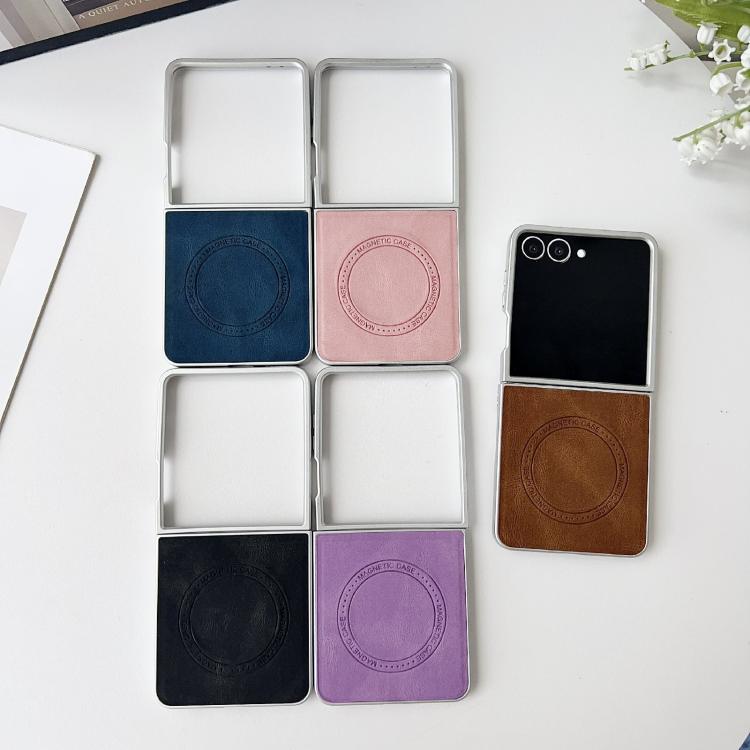 For Samsung Galaxy Z Flip7 5G Skin Feel Leather Texture MagSafe Pearlescent Paint Shockproof Phone Case