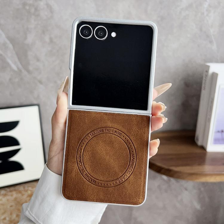 For Samsung Galaxy Z Flip7 5G Skin Feel Leather Texture MagSafe Pearlescent Paint Shockproof Phone Case