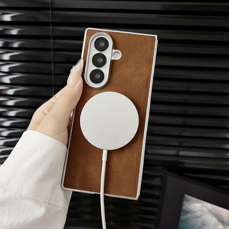 For Samsung Galaxy Z Fold7 5G Skin Feel Leather Texture MagSafe Pearlescent Paint Shockproof Phone Case