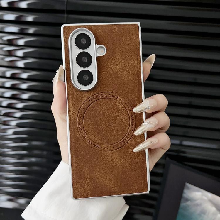 For Samsung Galaxy Z Fold7 5G Skin Feel Leather Texture MagSafe Pearlescent Paint Shockproof Phone Case