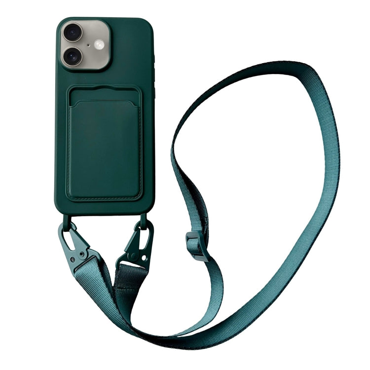 For iPhone 16 Plus Card Slot Liquid Silicone Phone Case with Lanyard