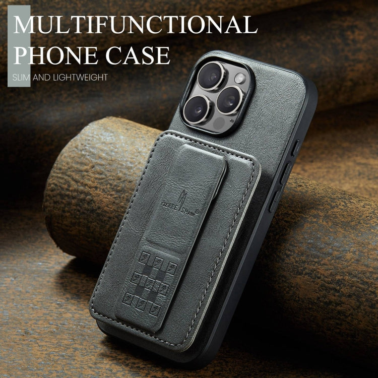 For iPhone 16 Pro Fierre Shann Oil Wax Cow Leather Card Holder Back Phone Case