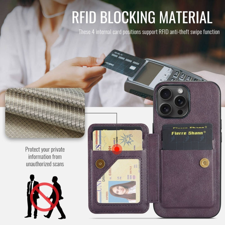 For iPhone 16 Pro Fierre Shann Oil Wax Cow Leather Card Holder Back Phone Case