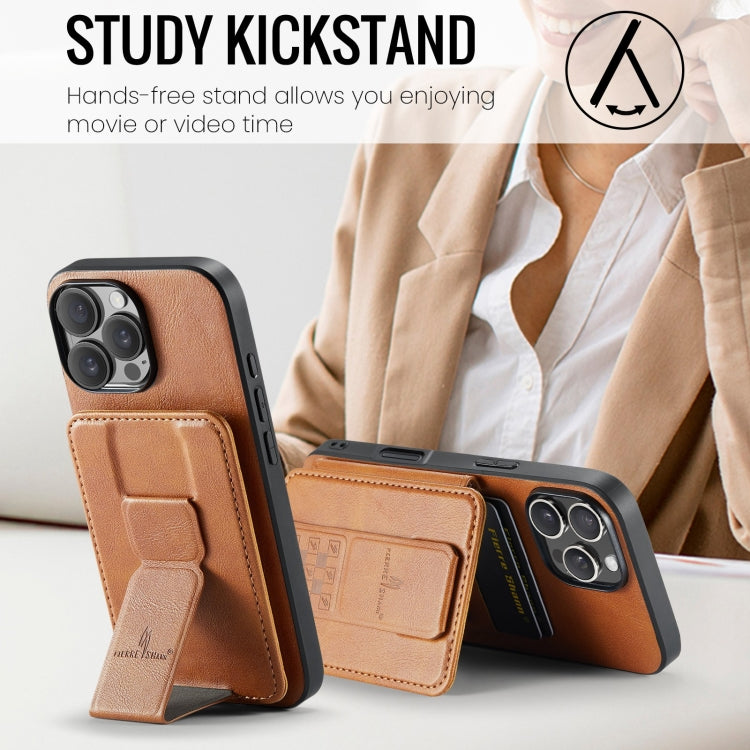 For iPhone 16 Pro Fierre Shann Oil Wax Cow Leather Card Holder Back Phone Case