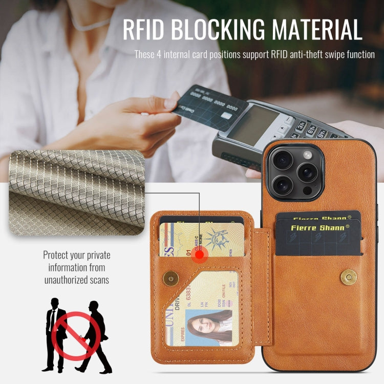 For iPhone 16 Pro Fierre Shann Oil Wax Cow Leather Card Holder Back Phone Case